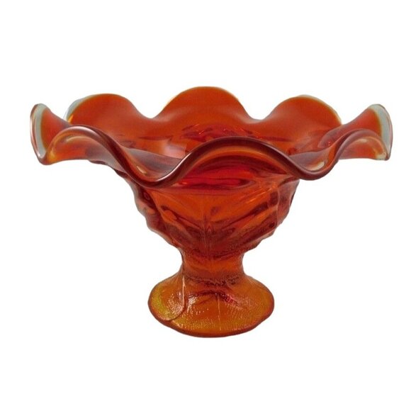 Viking Orange Glass Ruffle Cabbage Leaf Pedestal Bowl Elegant Design Vintage - Picture 6 of 6